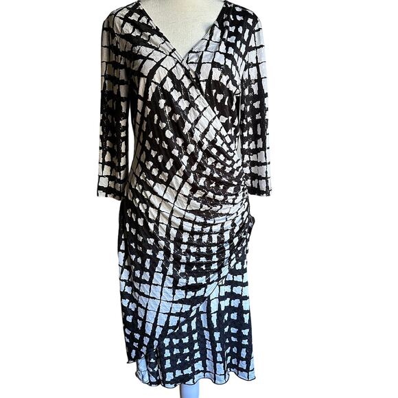 JOSEPH RIBKOFF | Black and White Graphic Faux Wrap Ruched Dress | Size 10 - Picture 1 of 7